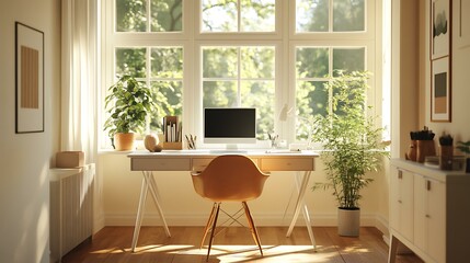 A stylish home office with a bright white desk, a comfortable chair, and a large window that fills the room with sunlight and a view of the outdoors