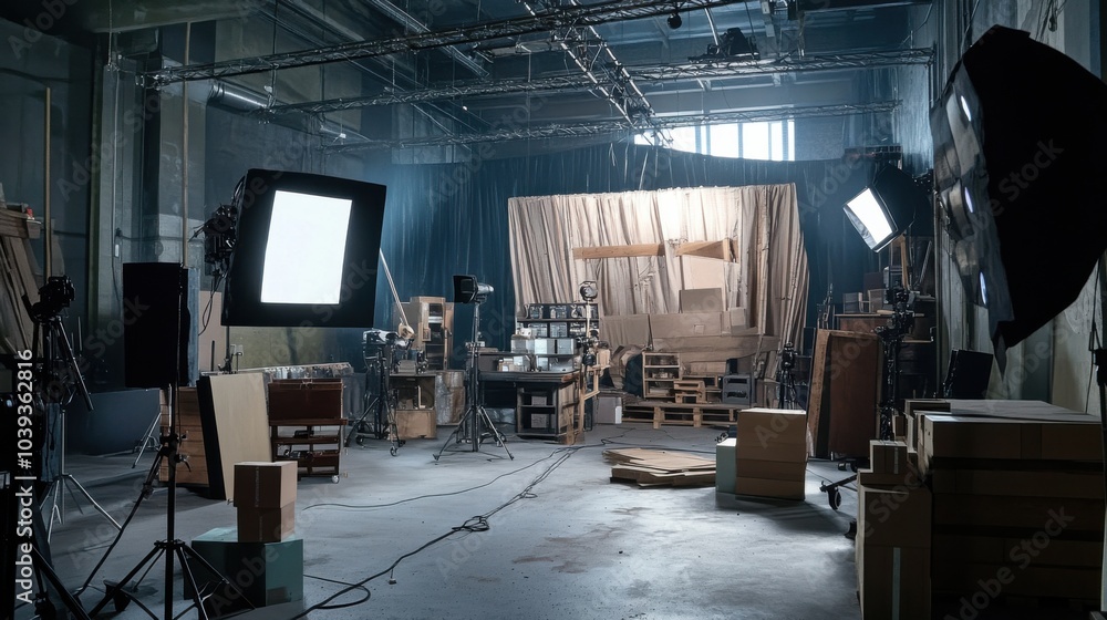 Poster A dynamic film set with props and sets constructed from large-scale blocks, Blocks arranged for film production sets, Film production style