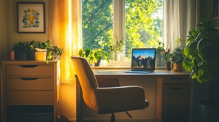 A tranquil office corner with a light wood desk, a plush chair, and plants adorning the windowsill, illuminated by the morning sun