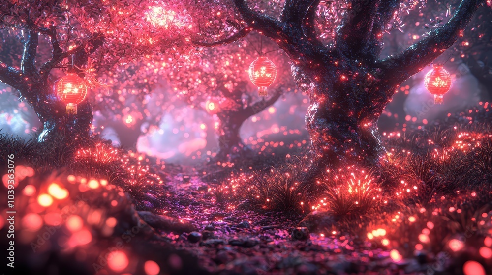Poster a magical forest scene illuminated by glowing lanterns and vibrant, sparkling lights, creating an en