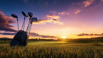 A dynamic golf course panorama at twilight, Golf clubs against a vibrant sky, Dramatic sporting flair
