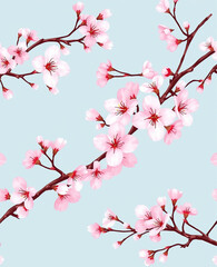 A blue background with pink flowers on a branch. The branch is thin and long