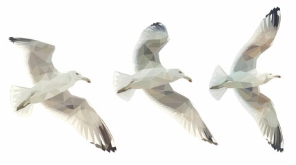 Obraz premium polygonal seagulls, abstract birds flying, minimalist design, white background, modern art, geometric shapes, wildlife illustration