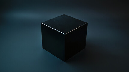 Black minimalistic cube in a dark-blue environment with soft lighting