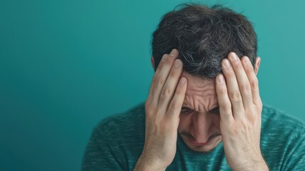Fototapeta premium Person holding head, overwhelmed by loud sound waves, migraine response, migraine sensitivity sound, auditory sensitivity