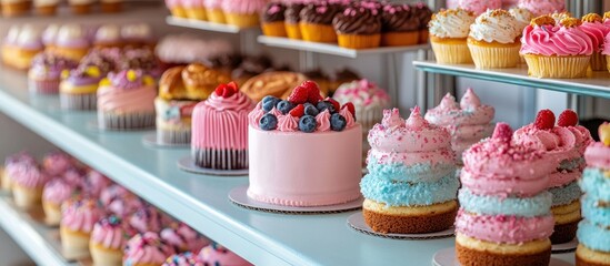 A variety of colorful cupcakes and cakes are displayed on shelves in a bakery.