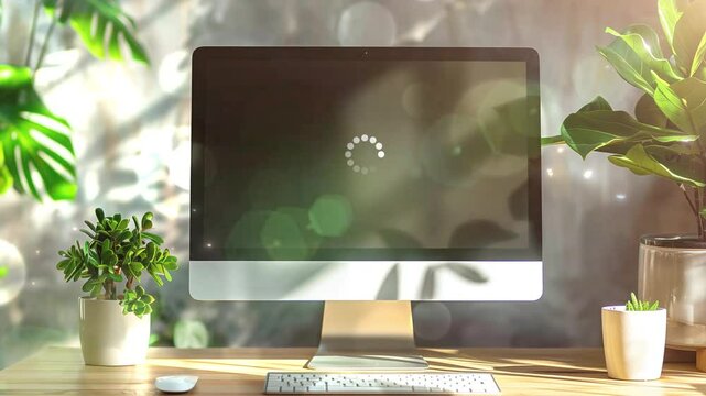 desktop computer on wood table background with sunlight seamless looping overlay 4k virtual video animation background