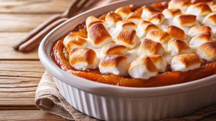 Closeup of a festive Thanksgiving table with goldenbrown candied yams topped with caramelized marshmallows