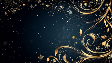 Classic Christmas design with ornate gold swirls and subtle geometric elements on a dark background