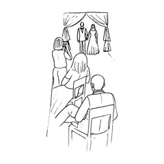 newlyweds enter the banquet hall, they are photographed and guests look at them - hand drawn line sketch