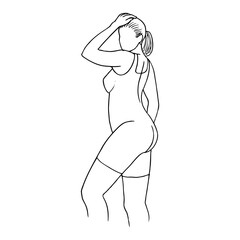 plus size woman standing posing in lingerie or one-piece swimsuit - hand drawn line sketch