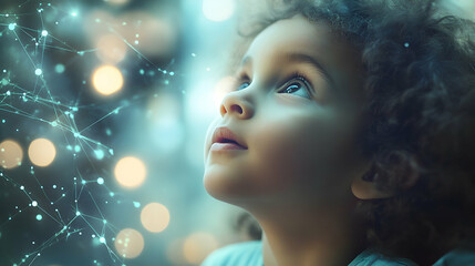 Child looking up with glowing brain network, capturing curiosity and future potential