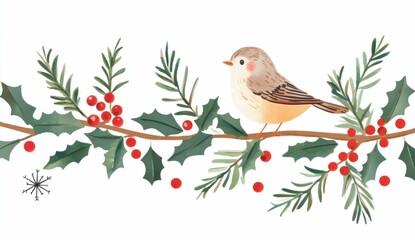 Christmas bird, holly branch, festive decoration, winter nature, seasonal illustration, colorful artwork, nature theme, holiday spirit, joyful design, artistic representation, cheerful elements, seas