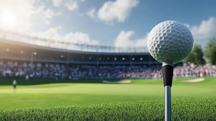 A dynamic golfing scene at a modern stadium, Golfing equipment set against a backdrop of cheering crowds, Sports event style