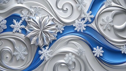 Elegant silver and blue swirled patterns with snowflake details for a modern Christmas greeting