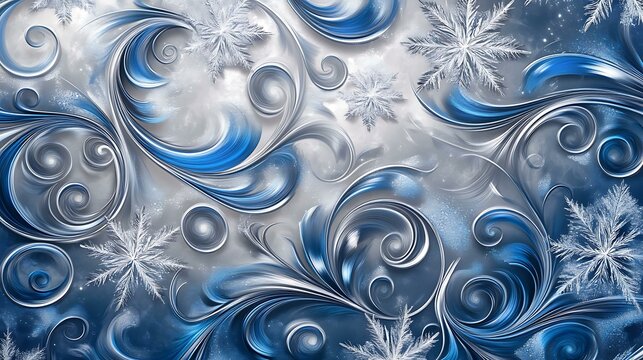 Elegant silver and blue swirled patterns with snowflake details for a modern Christmas greeting