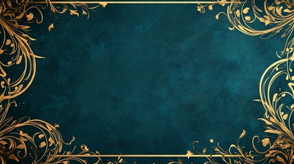 Holiday invitation template with intricate golden borders and swirled designs on a dark teal background