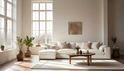 A cozy living room with a large, plush white sofa, several decorative pillows, and a wooden coffee table.