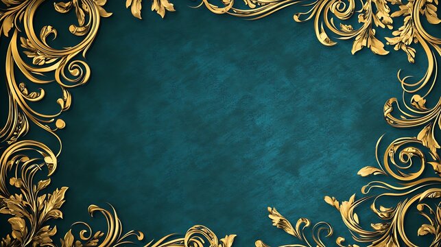 Holiday invitation template with intricate golden borders and swirled designs on a dark teal background