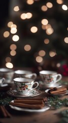 An empty scene featuring cinnamon sticks and holiday-themed teacups arranged on a cozy kitchen table, creating an ideal product mockup space, 