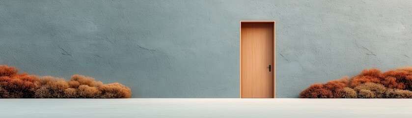 Modern door on wall with colorful plants and a minimalist design.