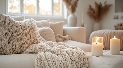 Hyggeinspired living room with a chunky knit throw, candlelit atmosphere, and a soft beige sofa, ultimate comfort, cozy Hygge living room, Danishinspired coziness