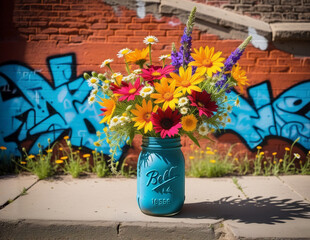 colorful flowers and graffiti in an urban environment