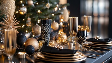 Sleek Art Deco design with bold black and gold patterns for a sophisticated Christmas theme