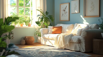 Serene cozy living room with a soft pastelcolored sofa, plush area rug, and calming atmosphere, peaceful and inviting, cozy serene living room, pastel interior design