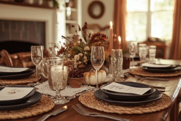 A Thanksgiving table set for a small, intimate gathering with close friends, featuring personalized place cards, rustic tableware, and a cozy ambiance, capturing the warmth of the season