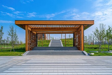 Fototapeta premium The theme park entrance building in the center of the outside is made up of two wooden structures