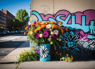 colorful flowers and graffiti in an urban environment