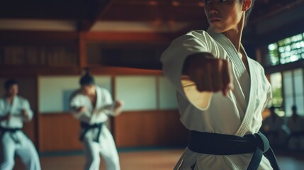A dynamic martial arts dojo with training equipment and martial artists, Traditional martial arts training style, photo of