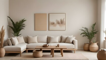 A minimalist living room with a beige sofa, a wooden coffee table, and a large framed mirror on the wall.