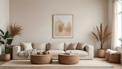 A minimalist living room with a beige sofa, a wooden coffee table, and a large framed mirror on the wall.