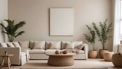 A minimalist living room with a beige sofa, a wooden coffee table, and a large framed mirror on the wall.