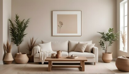 A minimalist living room with a beige sofa, a wooden coffee table, and a large framed mirror on the wall.