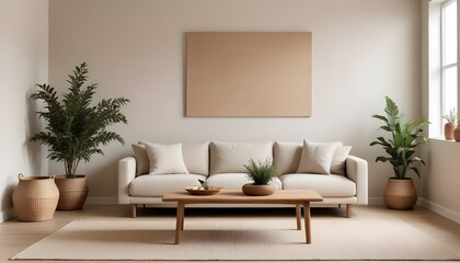 A minimalist living room with a beige sofa, a wooden coffee table, and a large framed mirror on the wall.