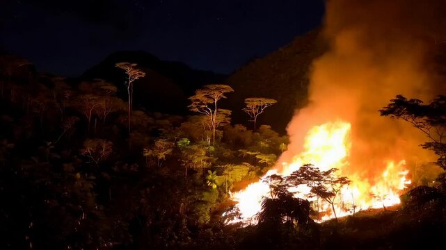 Mountain forest burning in the night darkness, wildfire inferno raging in tropical rainforest