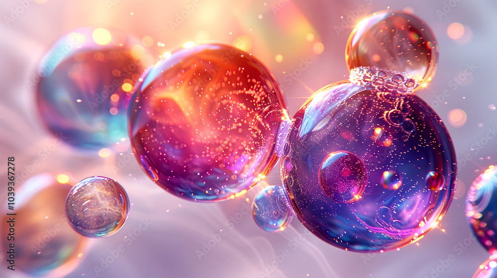 Poster vividly colored bubbles float gracefully in an ethereal space filled with sparkling light