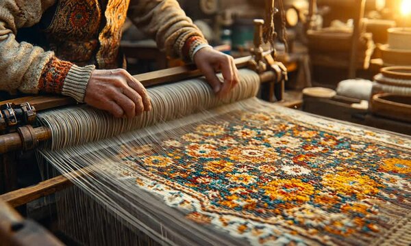 Artisan weaving a colorful textile on a traditional loom.