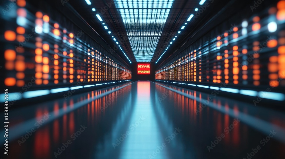 Poster futuristic cyber monday concept with a glowing holographic sale banner hovering above a digital shop