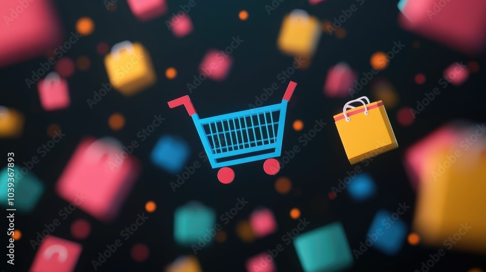Poster cyber monday themed featuring floating shopping carts digital product tags and other e commerce elem