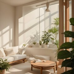 Naklejka premium This cozy and minimalist living room has a large window that allows natural light to stream in and cast shadows of plants onto the wall.