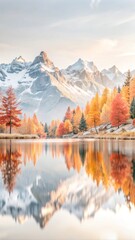Obraz premium Stunning Autumn Reflection on Mountain Lake with Snowy Peaks