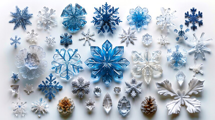 Delicate blue and white snowflakes arranged beautifully on a bright surface
