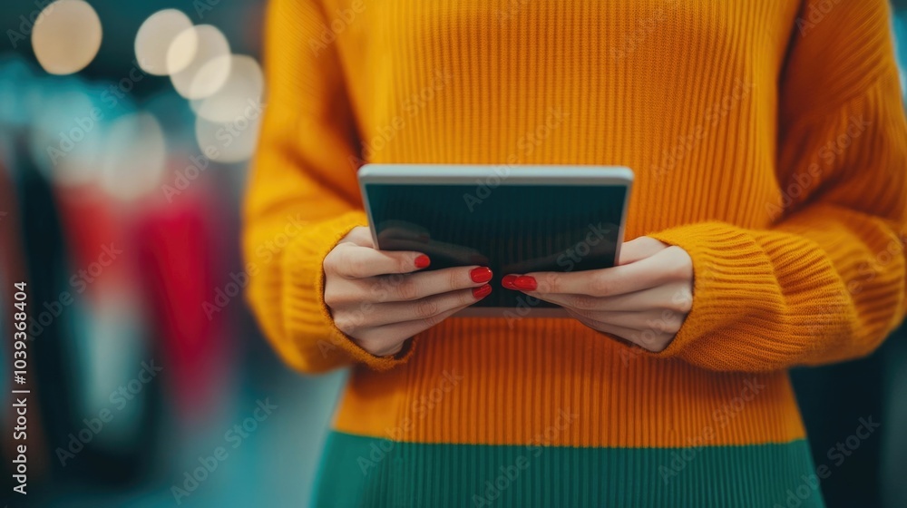 Poster hands holding a tablet device displaying a cyber monday digital flyer with a clean minimalist design