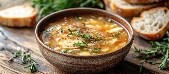 A bowl of hearty soup with bread and thyme on a rustic wooden table.