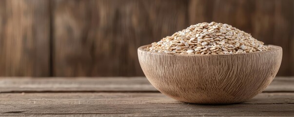 Bowl of oats on rustic wooden surface, perfect for healthy meals and nutritious snacks.