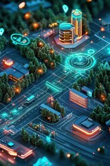 Obraz premium Advanced features of a smart city's surveillance system shown in 3D interface.